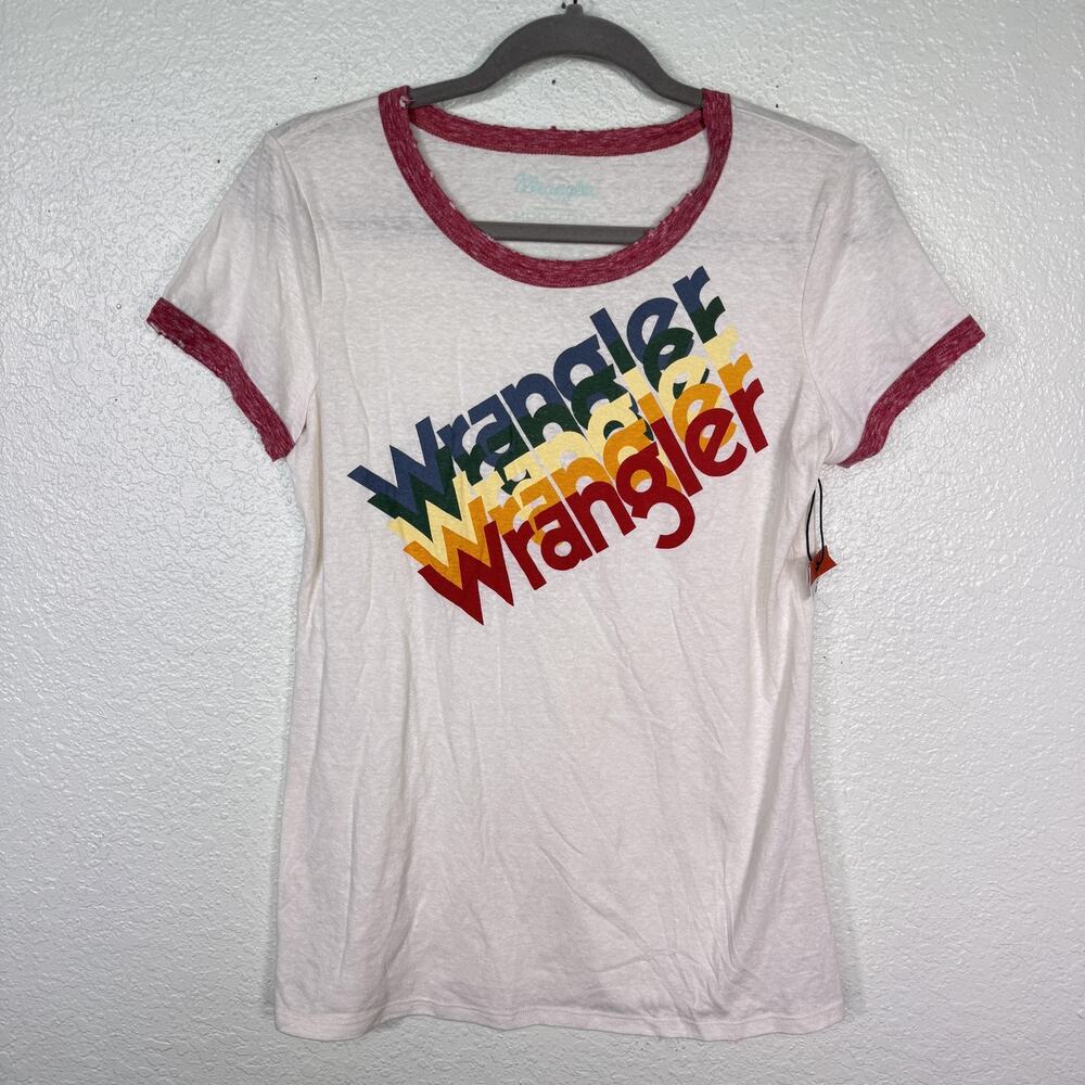 Wrangler Modcloth Shirt Womens Medium White Ringer Rainbow Logo Graphic Western